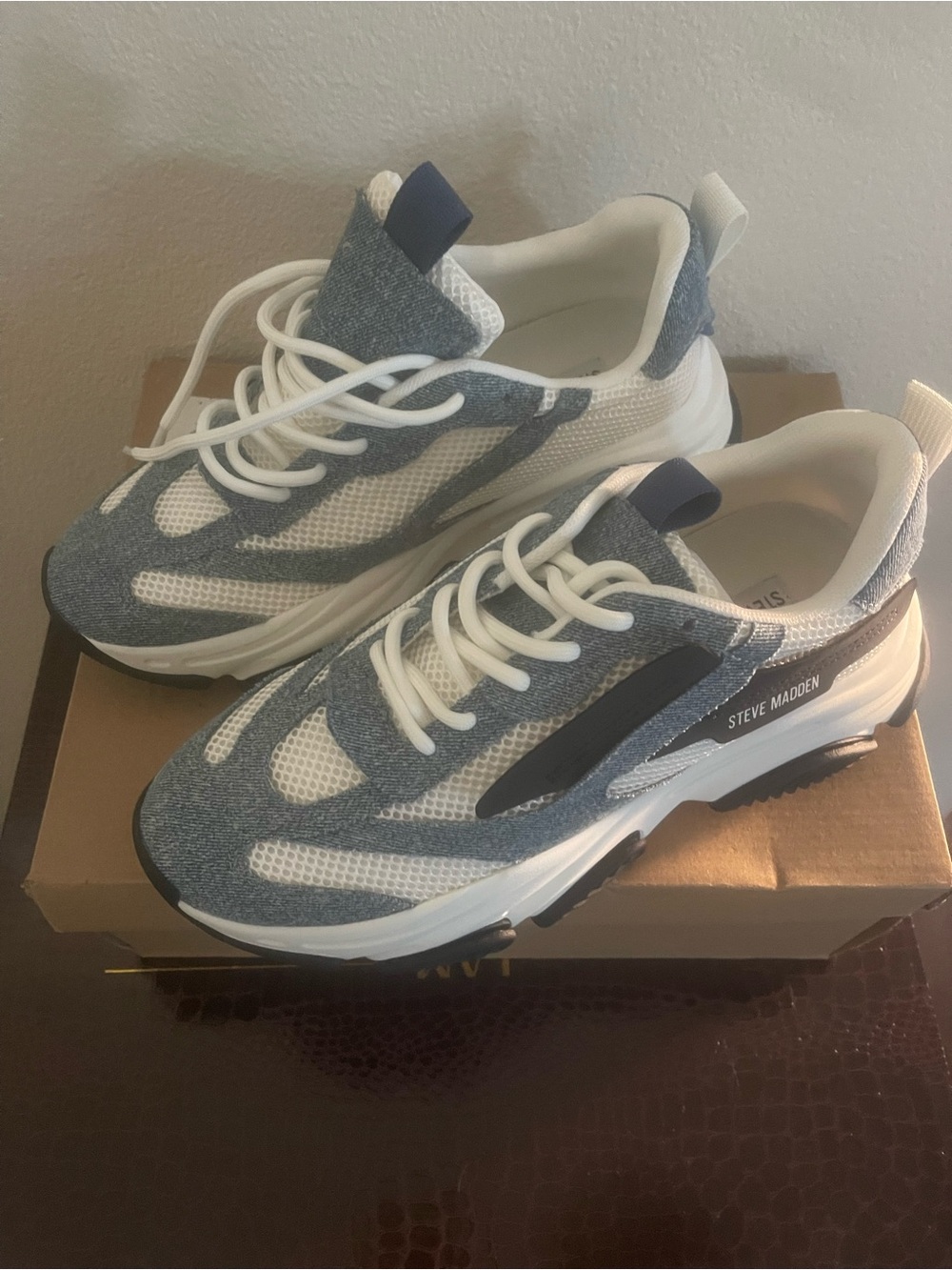 Steve Madden White and Denim-Blue Athletic Sneakers